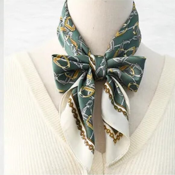 2/$30 Equestrian Pattern Green Silk Scarf Satin Head  Neck Tie Shawl Bag Decor - Picture 5 of 6